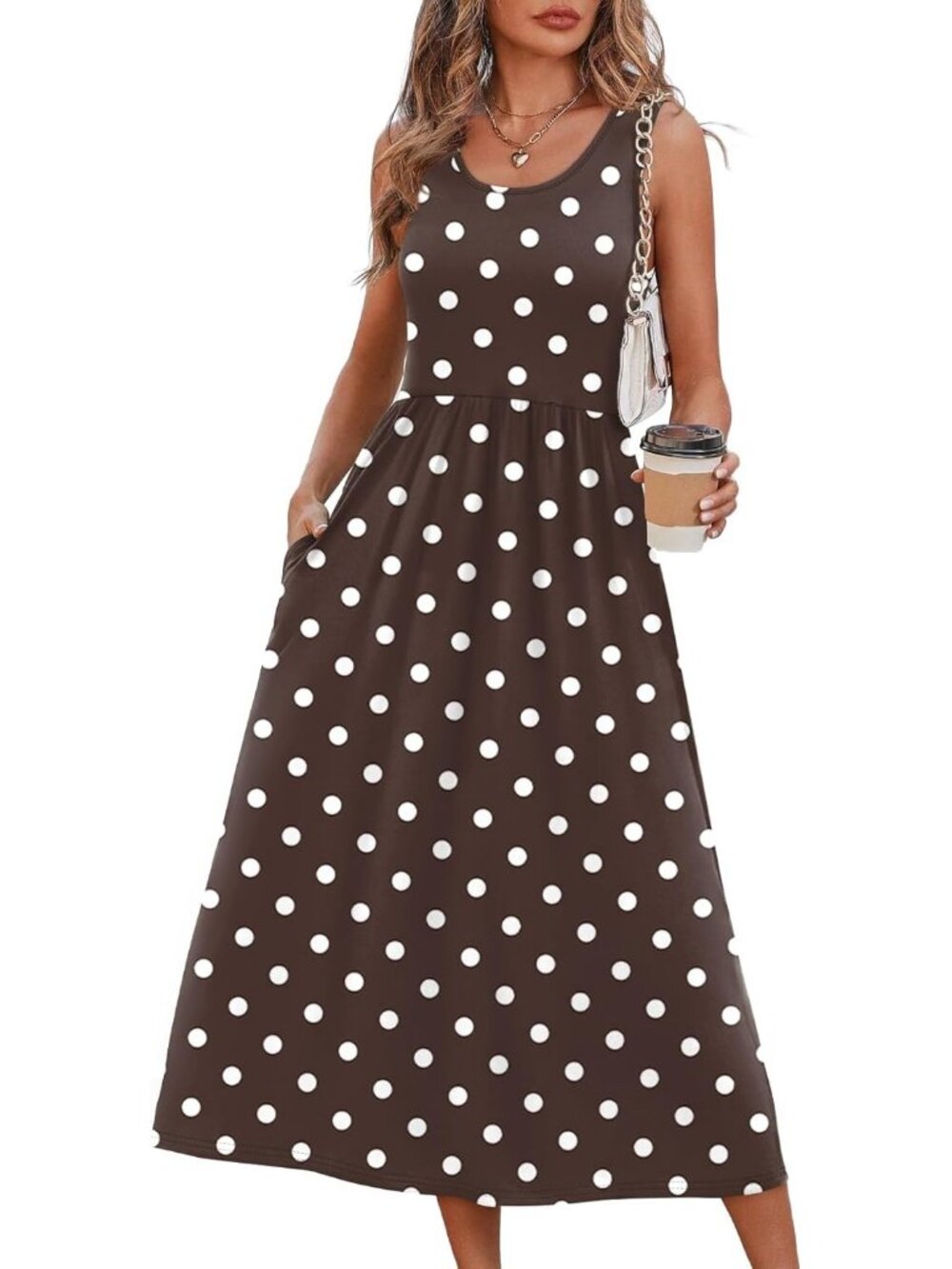 Women's Midi Dresses Brown Polka Dots Scoop Neck Sleeveless Casual Comfort Soft